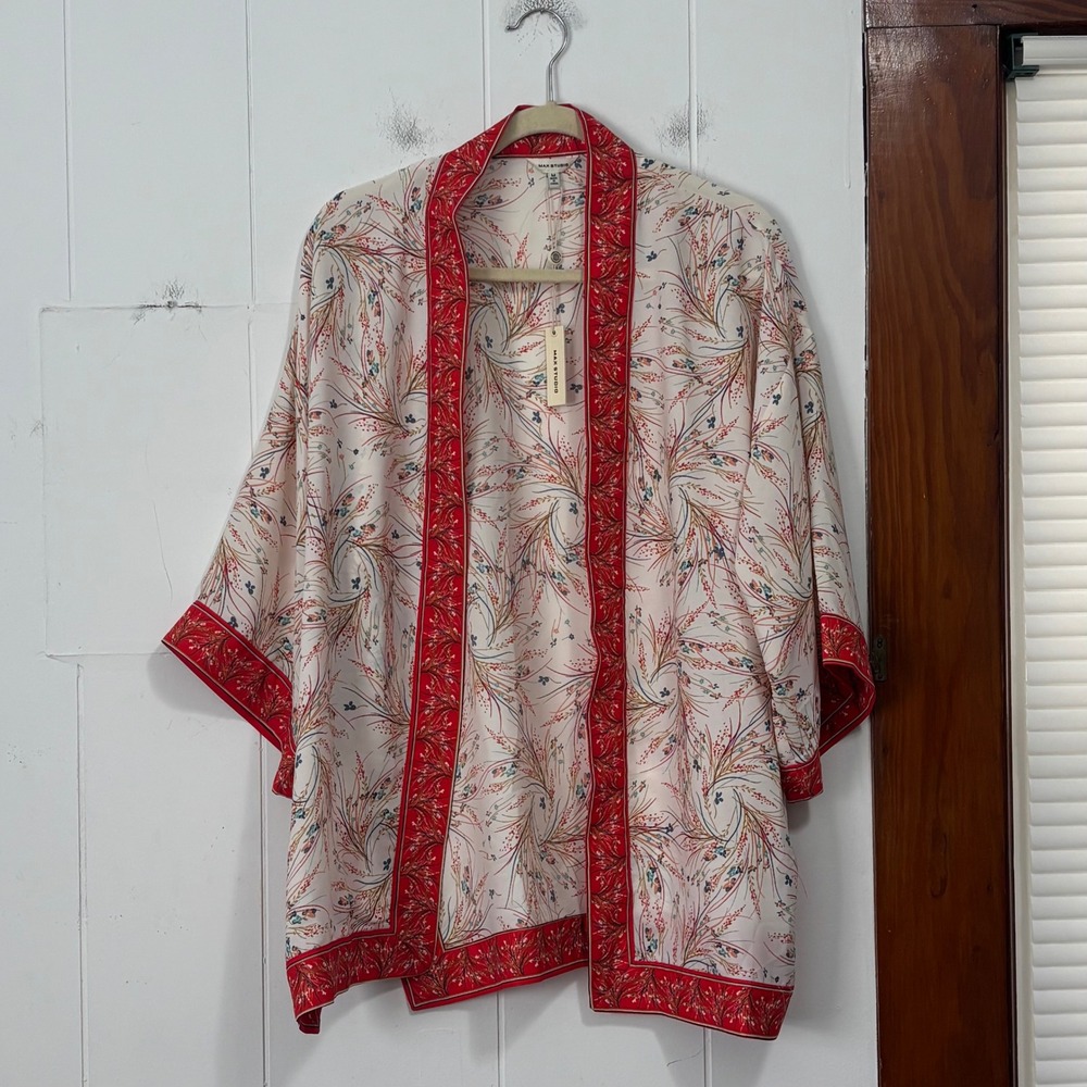 Max Studio Womens Floral Kimono Wrap Top Red Ivory Botanical Medium NWT